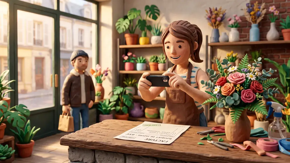 Une fleuriste photographie un bouquet avec son téléphone, entre deux clients.